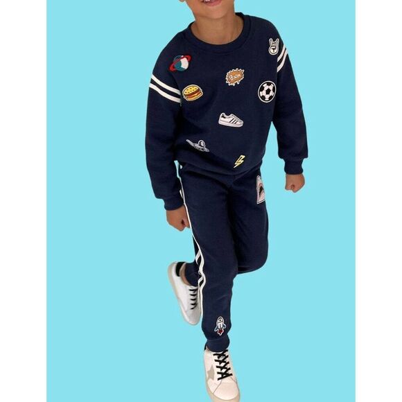 Lola & The Boys Varsity Patch Sweatshirt & Jogger Set in Navy Blue Toddler 2T - Picture 1 of 15